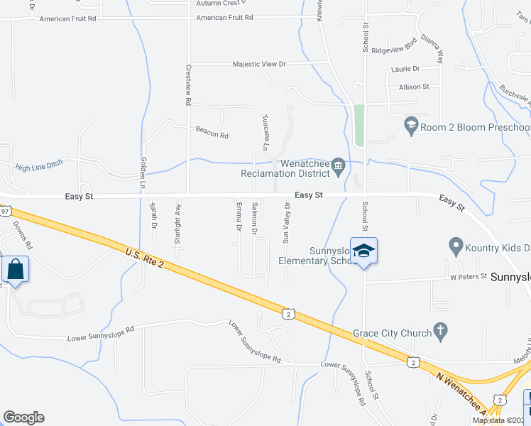 map of restaurants, bars, coffee shops, grocery stores, and more near 707 Easy Street in Wenatchee