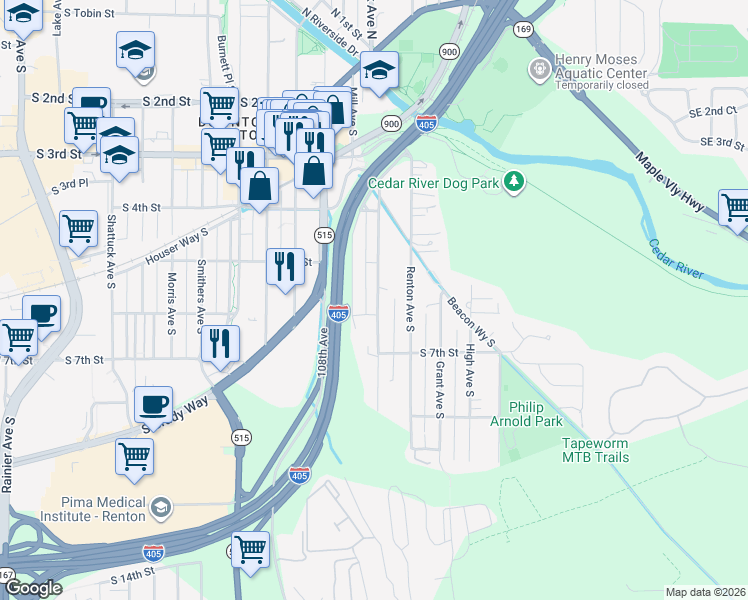 map of restaurants, bars, coffee shops, grocery stores, and more near 601 Cedar Avenue South in Renton