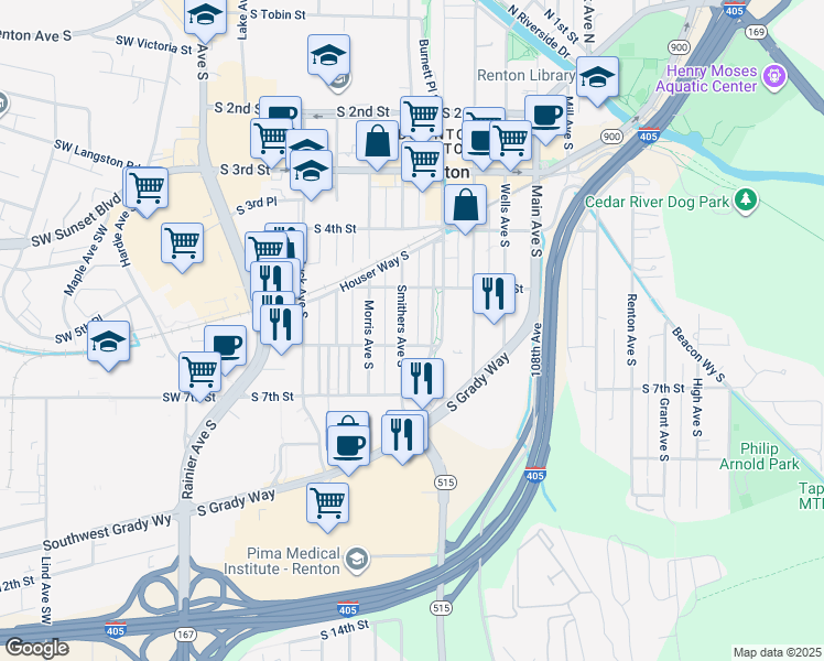 map of restaurants, bars, coffee shops, grocery stores, and more near 603 South 6th Street in Renton