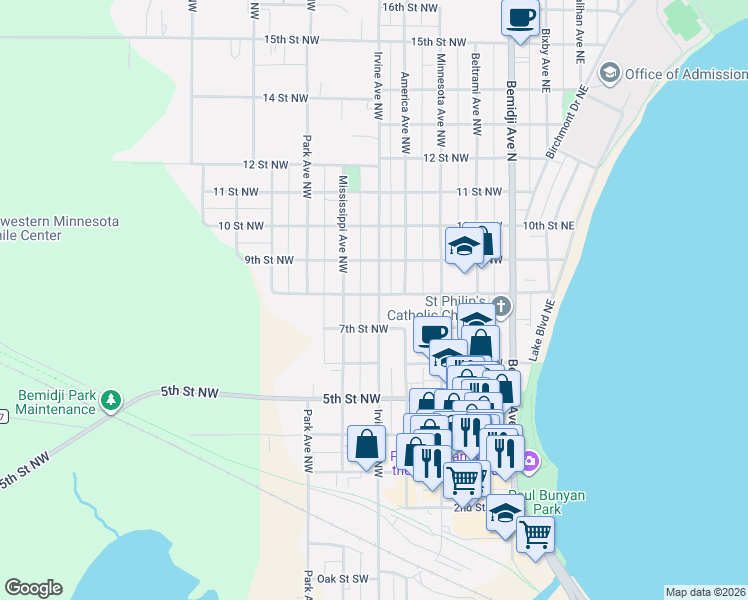 map of restaurants, bars, coffee shops, grocery stores, and more near 723 Irvine Avenue Northwest in Bemidji