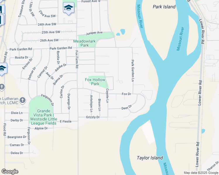 map of restaurants, bars, coffee shops, grocery stores, and more near 549 Fox Drive in Great Falls