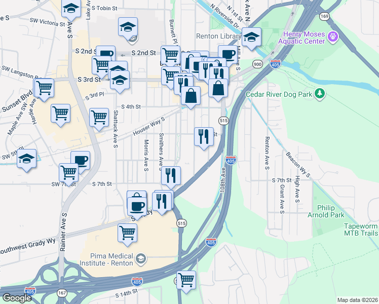 map of restaurants, bars, coffee shops, grocery stores, and more near 536 Williams Avenue South in Renton