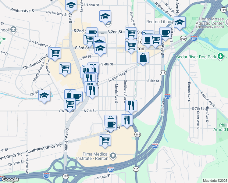 map of restaurants, bars, coffee shops, grocery stores, and more near 605 Morris Avenue South in Renton