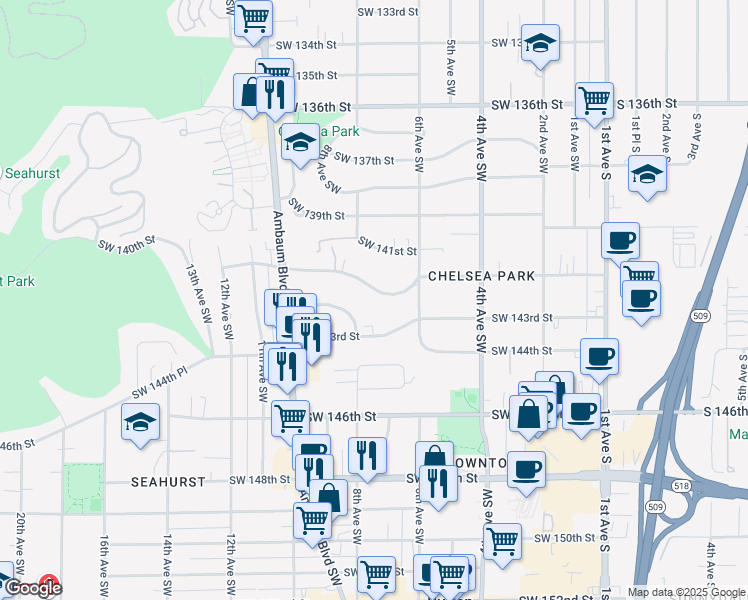 map of restaurants, bars, coffee shops, grocery stores, and more near 14246 8th Avenue Southwest in Burien