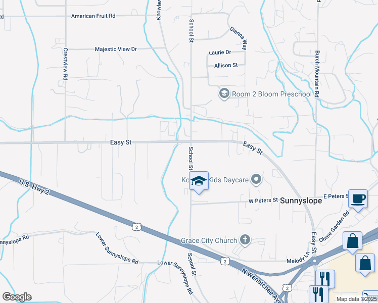 map of restaurants, bars, coffee shops, grocery stores, and more near 3272 School Street in Wenatchee