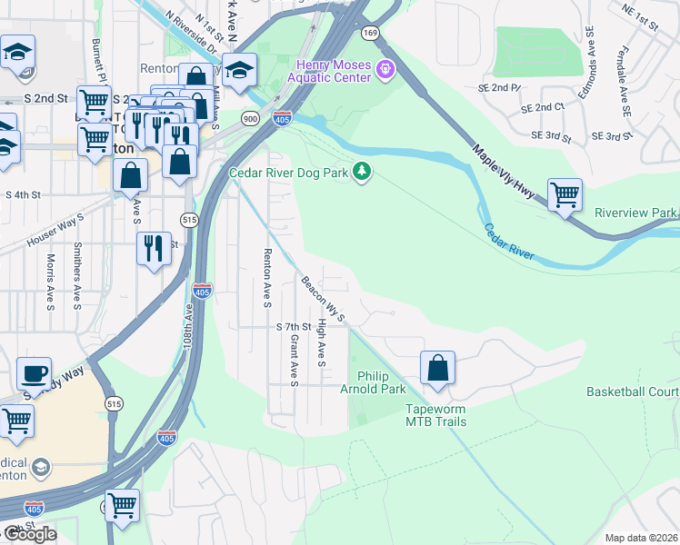 map of restaurants, bars, coffee shops, grocery stores, and more near 1500 Beacon Way South in Renton