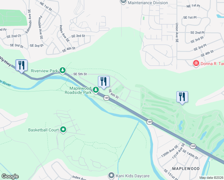 map of restaurants, bars, coffee shops, grocery stores, and more near 3330 Southeast 6th Street in Renton
