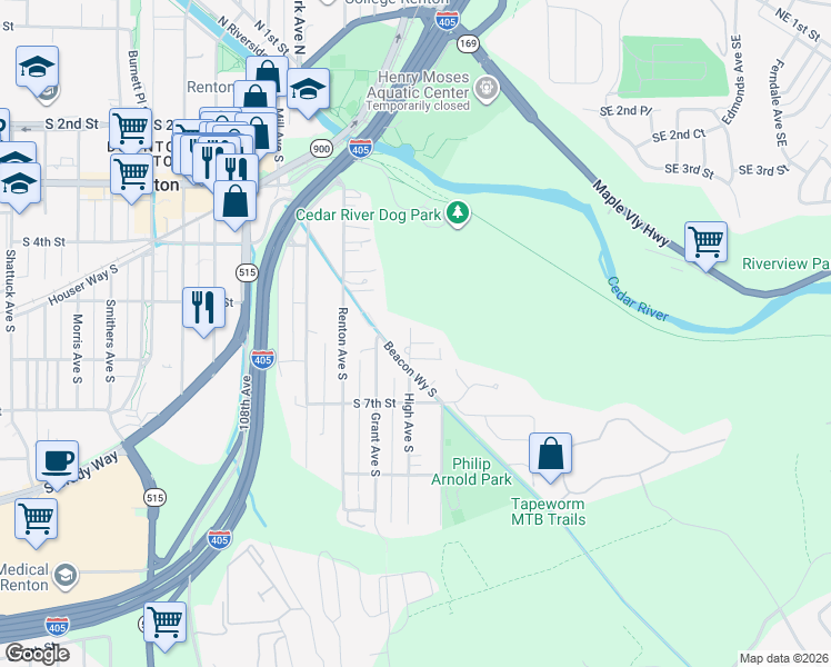 map of restaurants, bars, coffee shops, grocery stores, and more near 527 High Avenue South in Renton