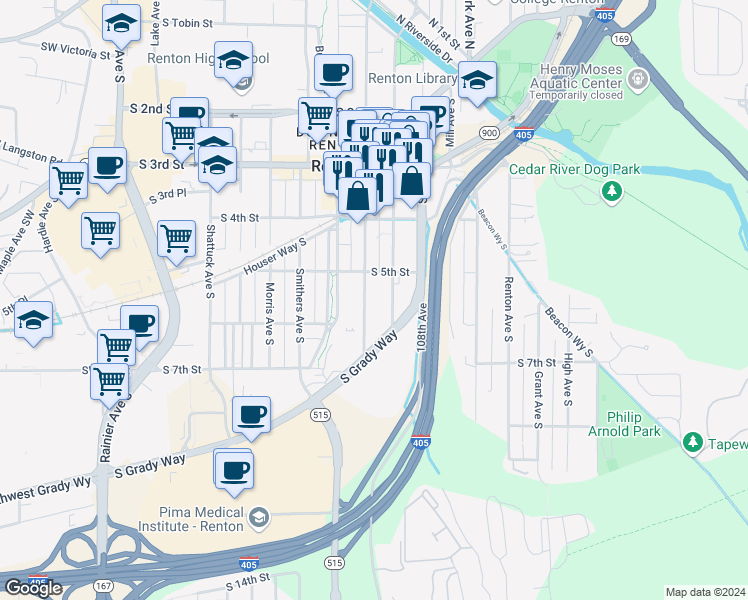 map of restaurants, bars, coffee shops, grocery stores, and more near 500 Williams Avenue South in Renton