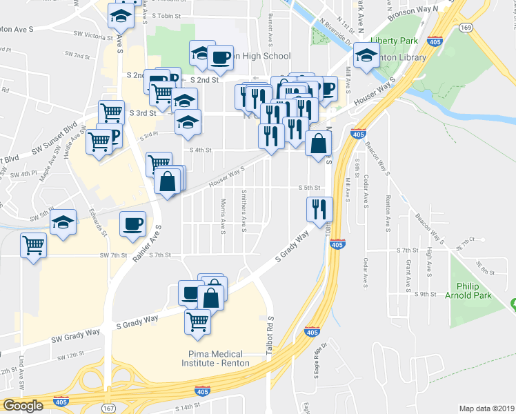 map of restaurants, bars, coffee shops, grocery stores, and more near 502 Burnett Avenue South in Renton