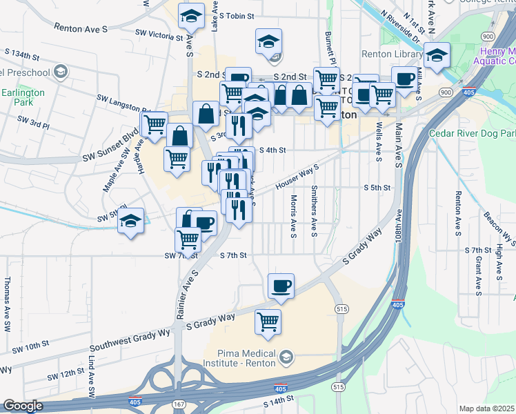map of restaurants, bars, coffee shops, grocery stores, and more near 428 Shattuck Avenue South in Renton