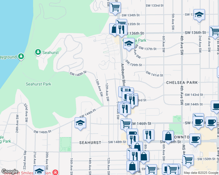 map of restaurants, bars, coffee shops, grocery stores, and more near 14201 12th Avenue Southwest in Burien
