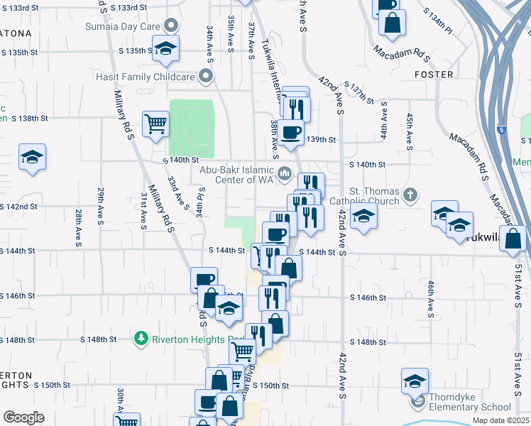 map of restaurants, bars, coffee shops, grocery stores, and more near 14200 37th Avenue South in Tukwila