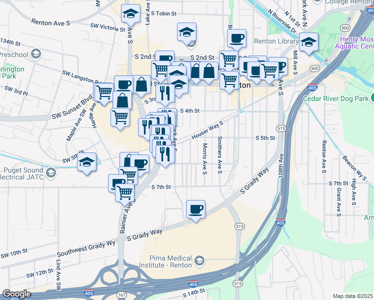 map of restaurants, bars, coffee shops, grocery stores, and more near 521 Whitworth Avenue South in Renton