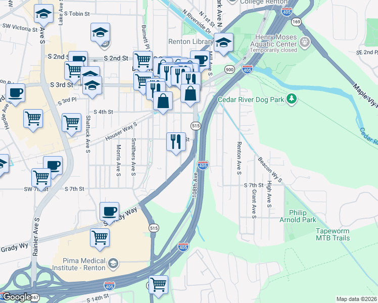 map of restaurants, bars, coffee shops, grocery stores, and more near 909 South 5th Street in Renton