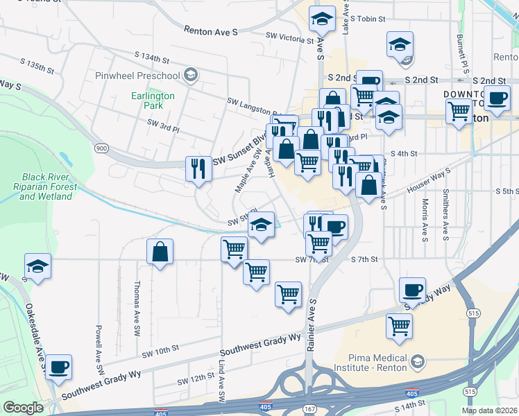 map of restaurants, bars, coffee shops, grocery stores, and more near 200 Southwest 5th Place in Renton
