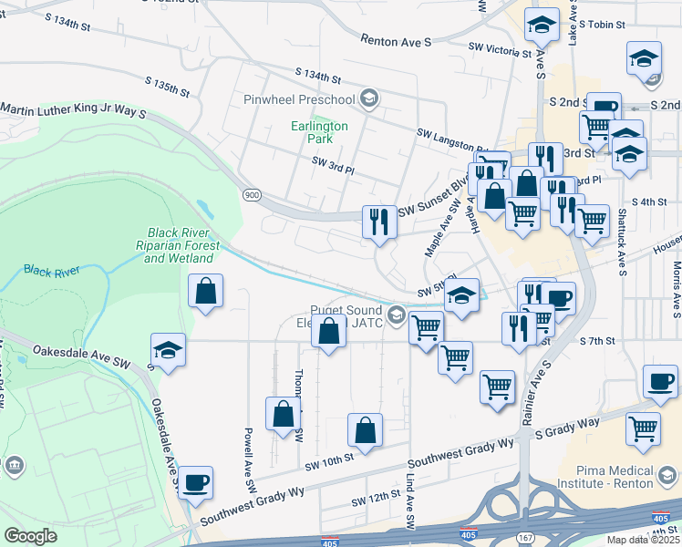 map of restaurants, bars, coffee shops, grocery stores, and more near 600 Southwest 5th Court in Renton
