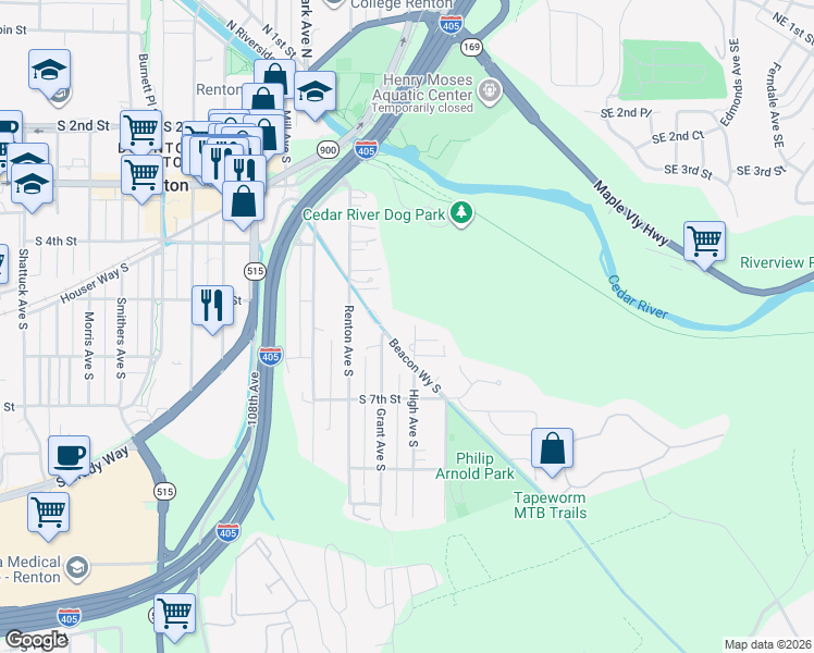 map of restaurants, bars, coffee shops, grocery stores, and more near 527 High Avenue South in Renton