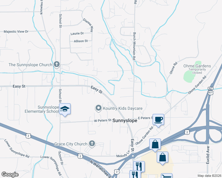map of restaurants, bars, coffee shops, grocery stores, and more near 218 Sunnyslope Heights Road in Wenatchee