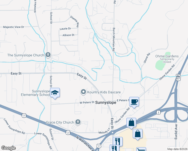 map of restaurants, bars, coffee shops, grocery stores, and more near 218 Sunnyslope Heights Road in Wenatchee
