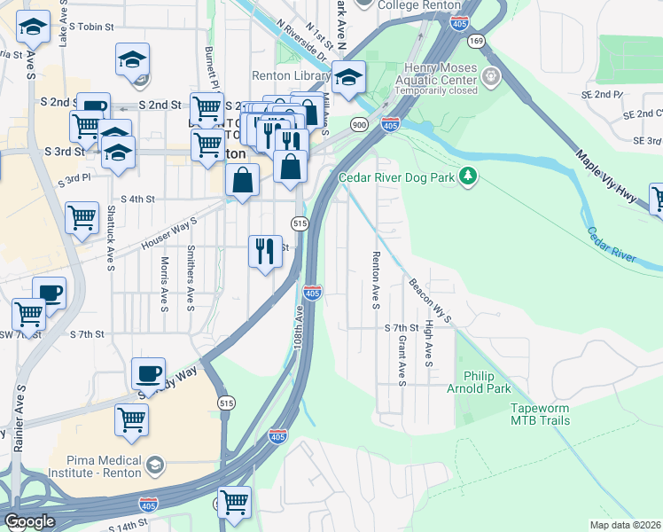 map of restaurants, bars, coffee shops, grocery stores, and more near 301 South 5th Street in Renton