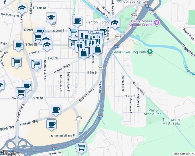 map of restaurants, bars, coffee shops, grocery stores, and more near 909 South 5th Street in Renton