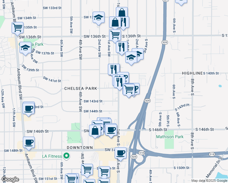 map of restaurants, bars, coffee shops, grocery stores, and more near 14043 1st Avenue South in Burien