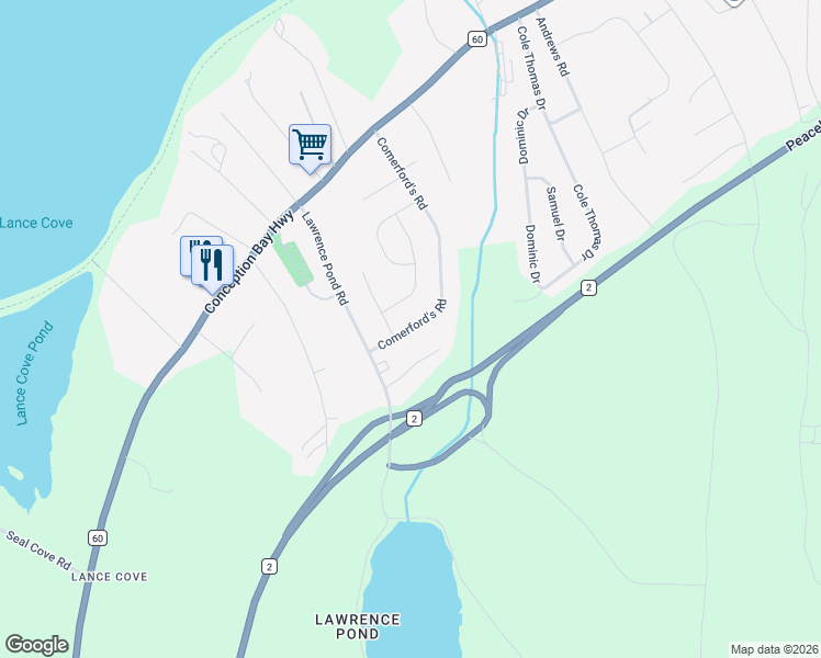 map of restaurants, bars, coffee shops, grocery stores, and more near 74 Comerford's Road in Conception Bay South