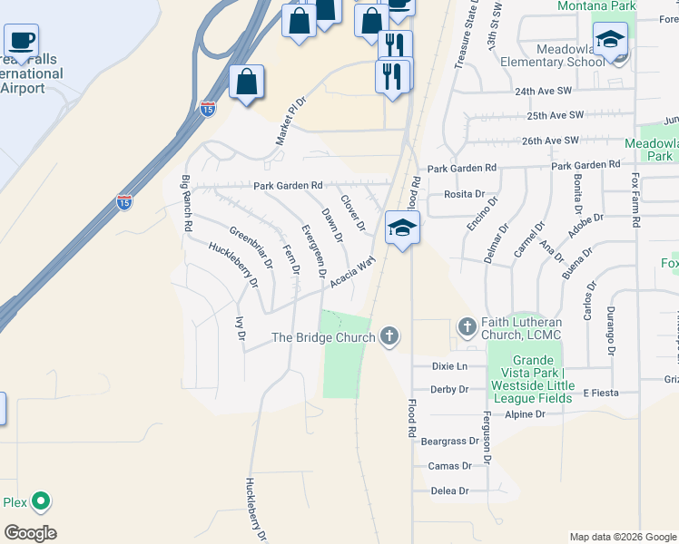 map of restaurants, bars, coffee shops, grocery stores, and more near 2755 Evergreen Dr in Great Falls