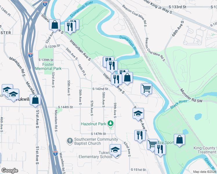 map of restaurants, bars, coffee shops, grocery stores, and more near in Tukwila