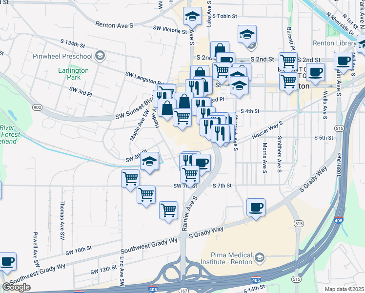 map of restaurants, bars, coffee shops, grocery stores, and more near 465 Renton Center Way Southwest in Renton