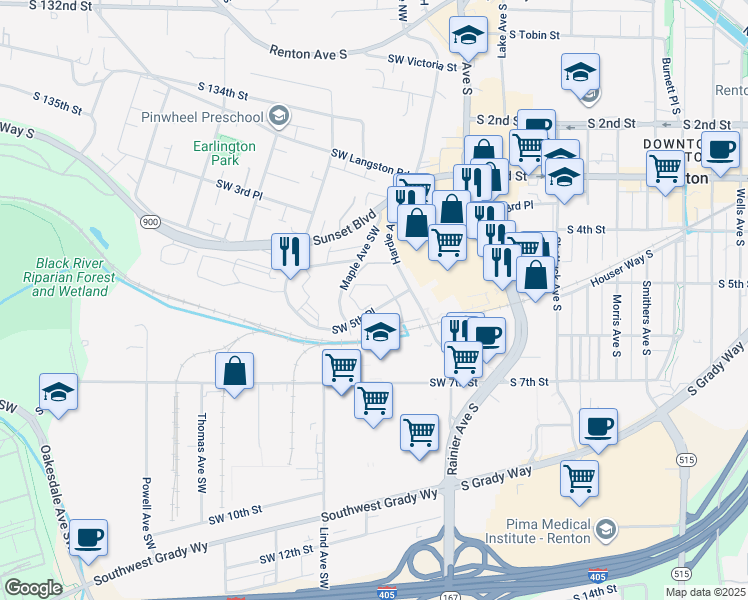 map of restaurants, bars, coffee shops, grocery stores, and more near 200 Southwest 5th Place in Renton