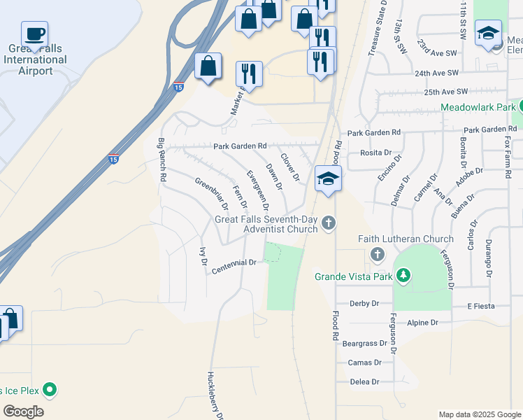 map of restaurants, bars, coffee shops, grocery stores, and more near 2756 Evergreen Drive in Great Falls