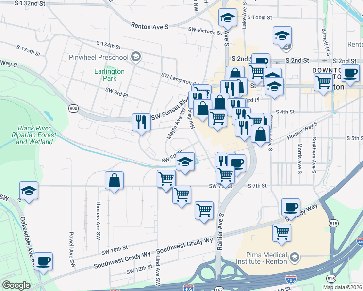 map of restaurants, bars, coffee shops, grocery stores, and more near 200 Southwest 5th Place in Renton