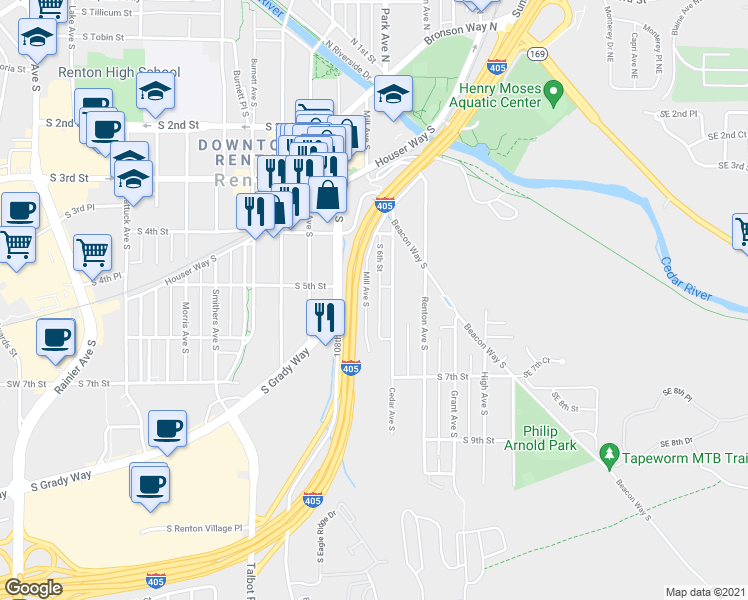 map of restaurants, bars, coffee shops, grocery stores, and more near 301 South 5th Street in Renton