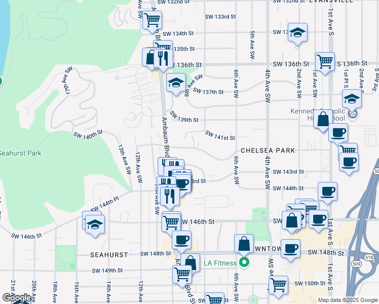 map of restaurants, bars, coffee shops, grocery stores, and more near 832 Southwest 142nd Street in Burien