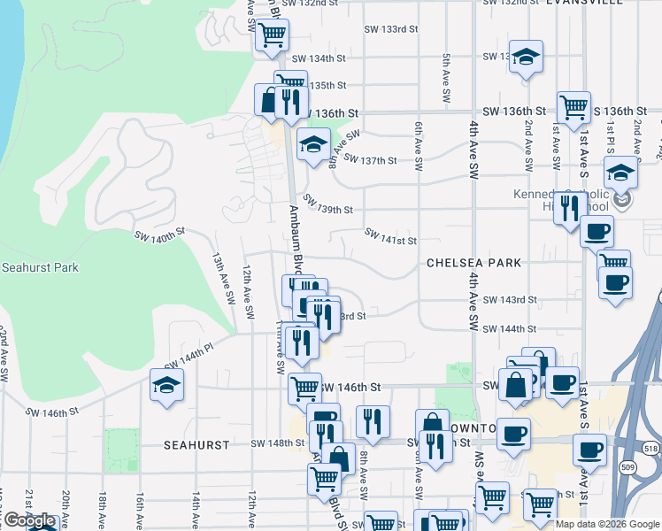 map of restaurants, bars, coffee shops, grocery stores, and more near 832 Southwest 142nd Street in Burien