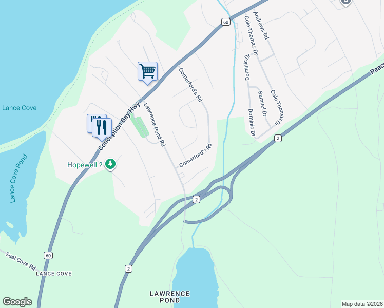 map of restaurants, bars, coffee shops, grocery stores, and more near 74 Comerford's Road in Conception Bay South