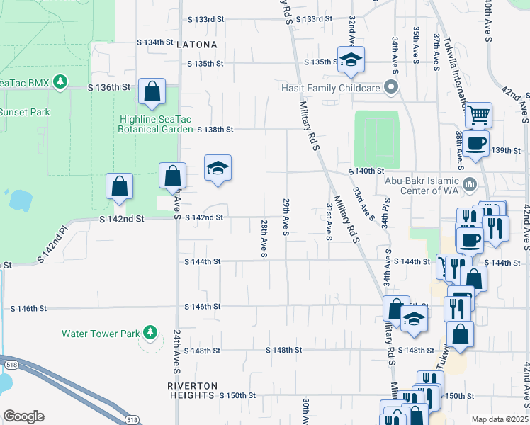 map of restaurants, bars, coffee shops, grocery stores, and more near 2810 South 142nd Street in SeaTac