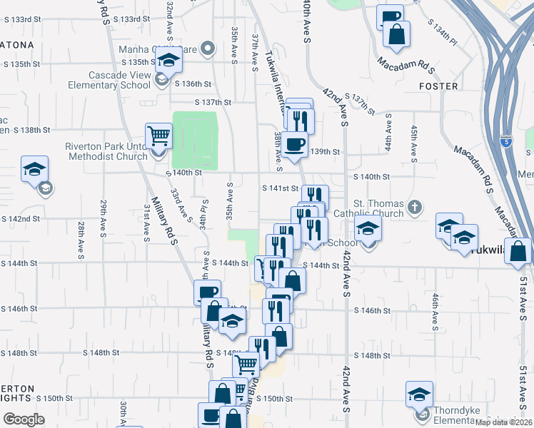 map of restaurants, bars, coffee shops, grocery stores, and more near 14132 37th Avenue South in Tukwila