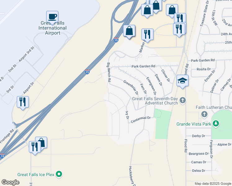 map of restaurants, bars, coffee shops, grocery stores, and more near 2709 Ivy Drive in Great Falls