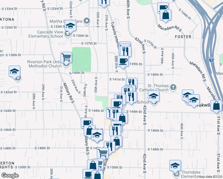 map of restaurants, bars, coffee shops, grocery stores, and more near 14132 37th Avenue South in Tukwila