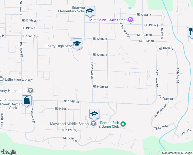 map of restaurants, bars, coffee shops, grocery stores, and more near 14024 169th Avenue Southeast in Renton