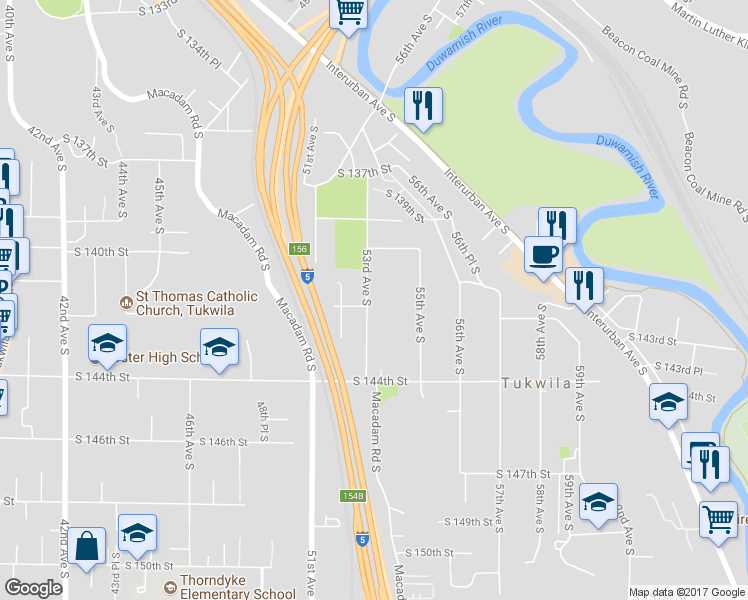 map of restaurants, bars, coffee shops, grocery stores, and more near 14128 53rd Avenue South in Tukwila