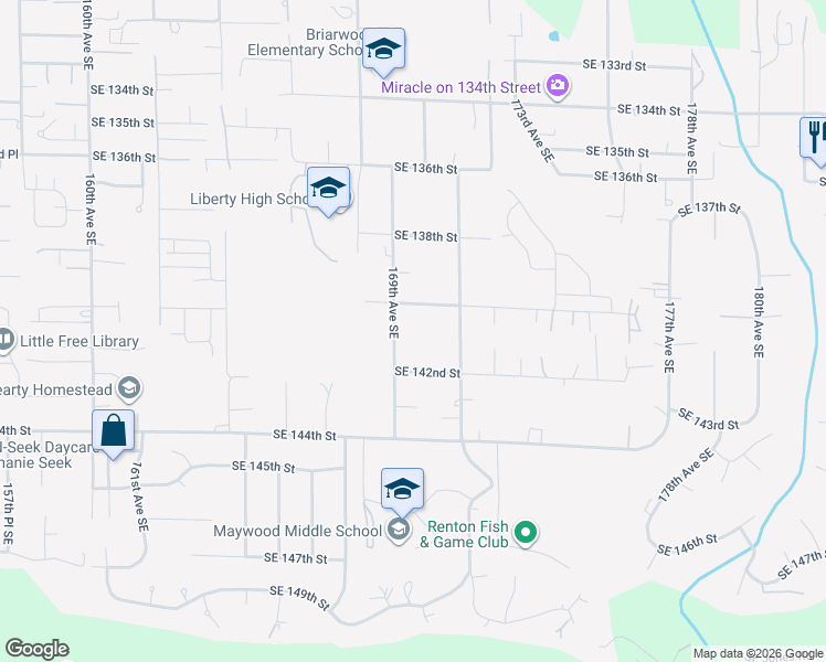 map of restaurants, bars, coffee shops, grocery stores, and more near 14024 169th Avenue Southeast in Renton