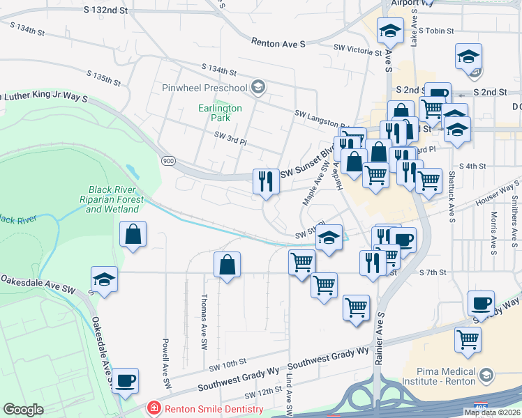 map of restaurants, bars, coffee shops, grocery stores, and more near 510 Stevens Avenue Southwest in Renton