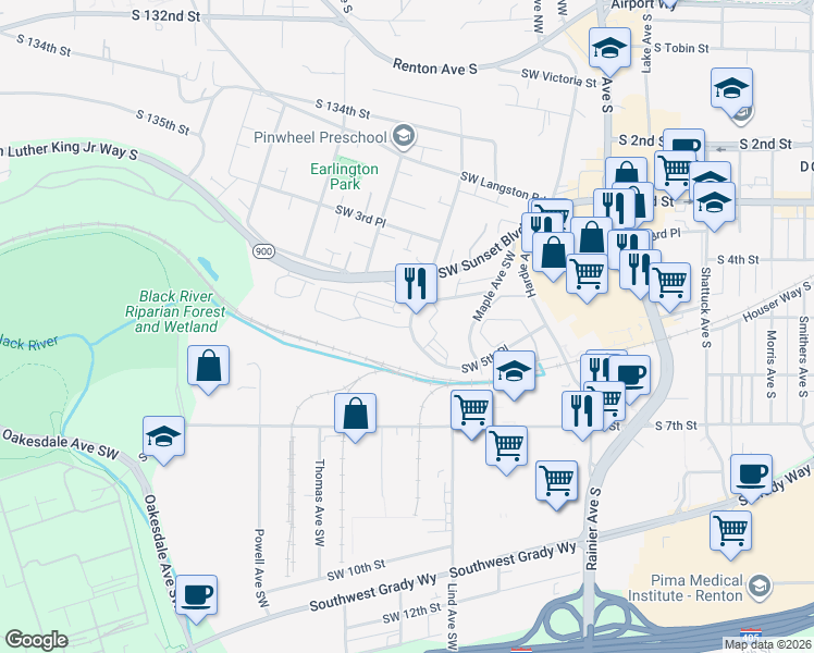 map of restaurants, bars, coffee shops, grocery stores, and more near 510 Stevens Avenue Southwest in Renton