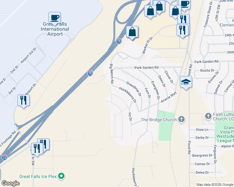 map of restaurants, bars, coffee shops, grocery stores, and more near 2705 Ivy Drive in Great Falls