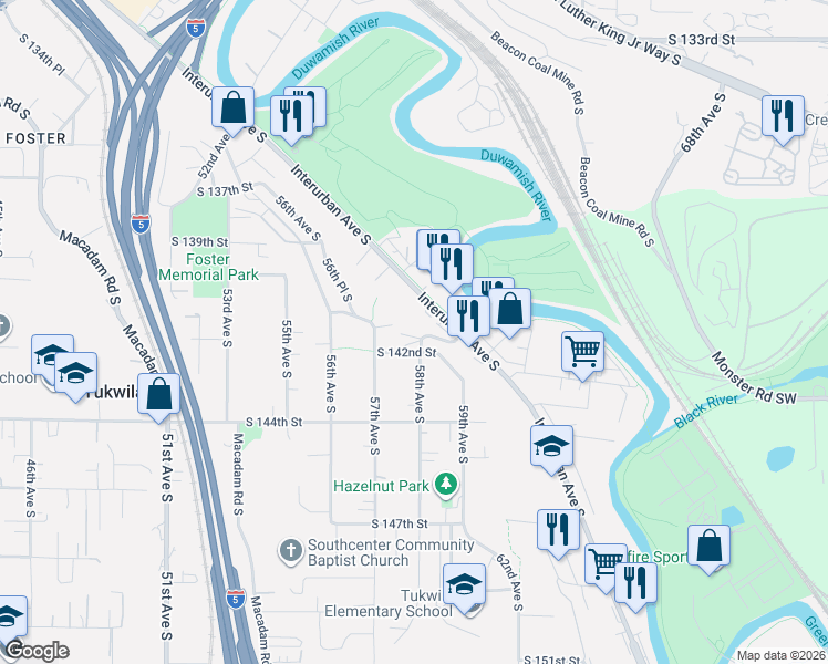 map of restaurants, bars, coffee shops, grocery stores, and more near 14081 58th Avenue South in Tukwila