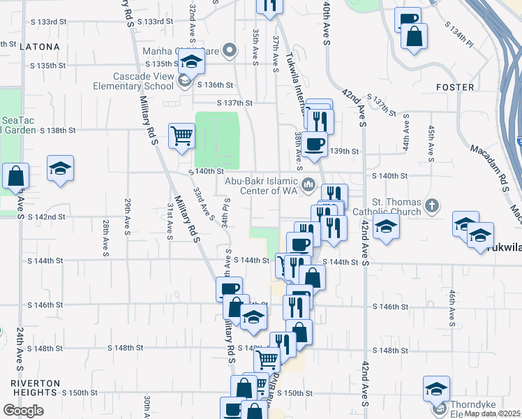 map of restaurants, bars, coffee shops, grocery stores, and more near 14056 35th Avenue South in Tukwila